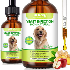 WELOSUER natural dog yeast treatment bottle shows soothing formula for itchy skin and ears