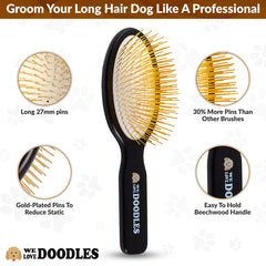 We Love Doodles gold-plated pins close-up reduce static for a silky coat.
