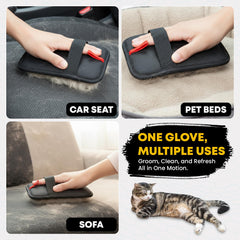 Welwon glove in use on sofa demonstrates deep fabric cleaning.