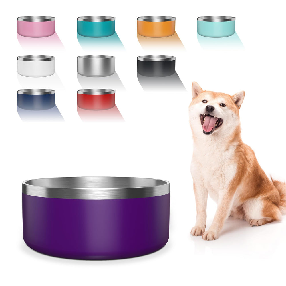 WENBOKMIN dog bowl 64oz purple, front view, shows sturdy stainless steel and vibrant color.