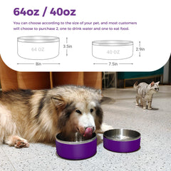 WENBOKMIN dog bowl 64oz purple, side profile, emphasizes non-slip bottom and quiet feeding.