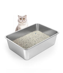WENBOKMIN stainless steel cat litter box front view with high sides for spill prevention.