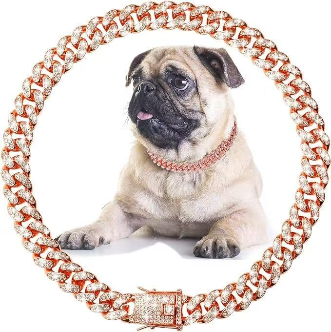 Wendheygk Rose Gold Crystal Cuban Link dog collar with zirconia diamonds for stylish daily walks.