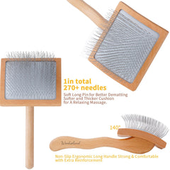 Werduoland long-pin slicker brush closeup with 25mm pins for deep coat penetration.