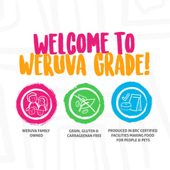 Weruva label closeup highlights grain-free formula and natural nutrients