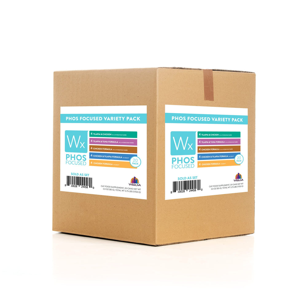 Weruva Wx Phos Focused 3oz cans lined up showing phosphorus-controlled nutrition option for cats