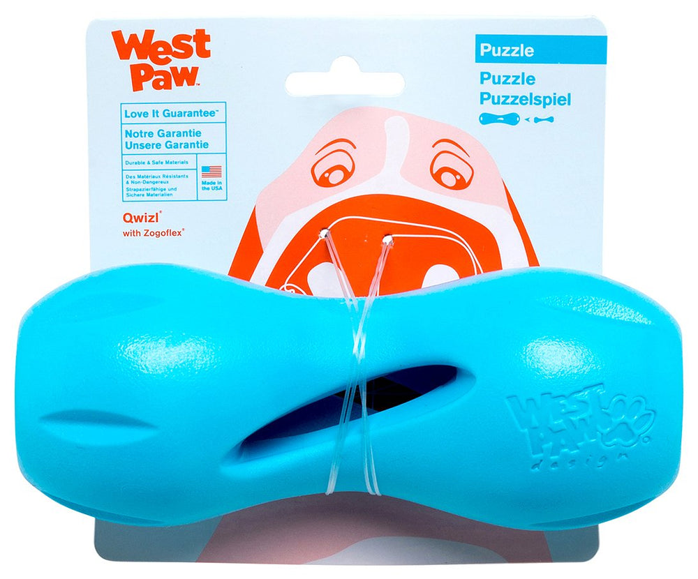 West Paw Qwizl interactive-treat-dispensing-toy in aqua blue for enrichment.