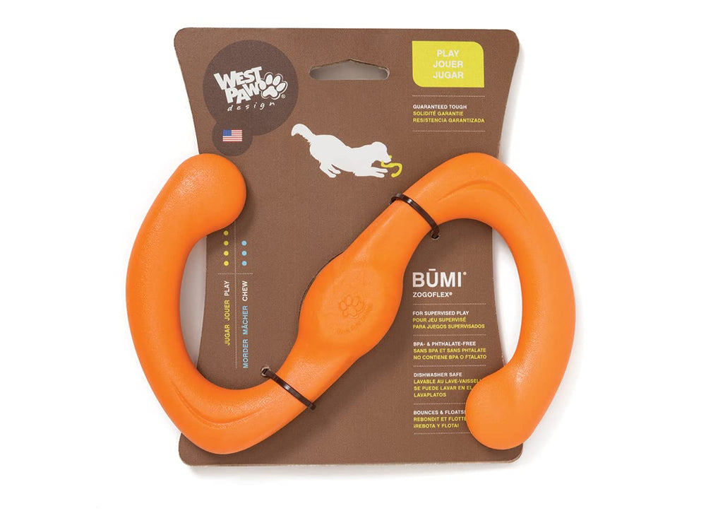 West Paw Zogoflex Bumi tug toy in S-shape for dogs, durable, interactive play.