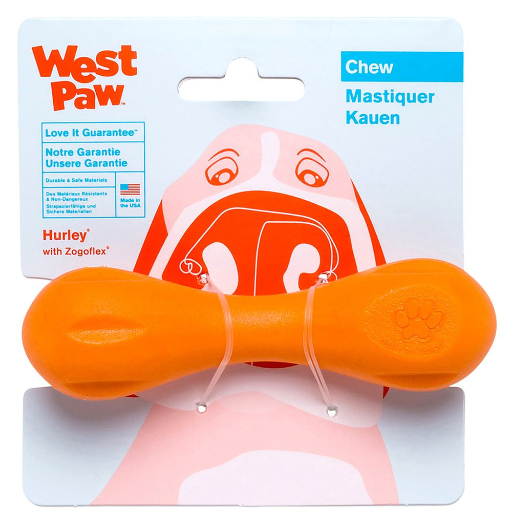 West Paw Zogoflex Hurley front view in Tangerine shows a durable chew toy for tough chewers
