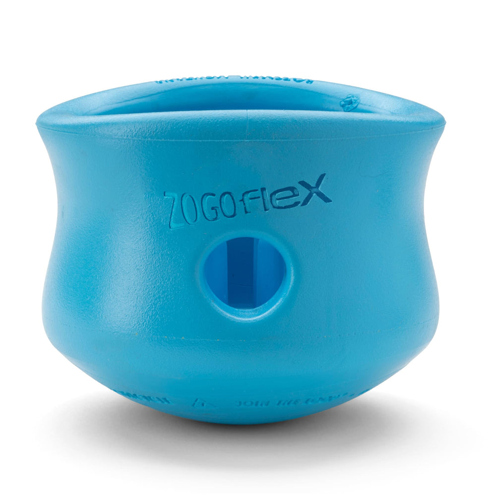 West Paw Zogoflex Toppl Aqua Blue treat-dispensing toy holds kibble for enrichment.