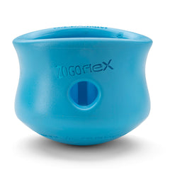 West Paw Zogoflex Toppl Aqua Blue treat-dispensing toy holds kibble for enrichment.