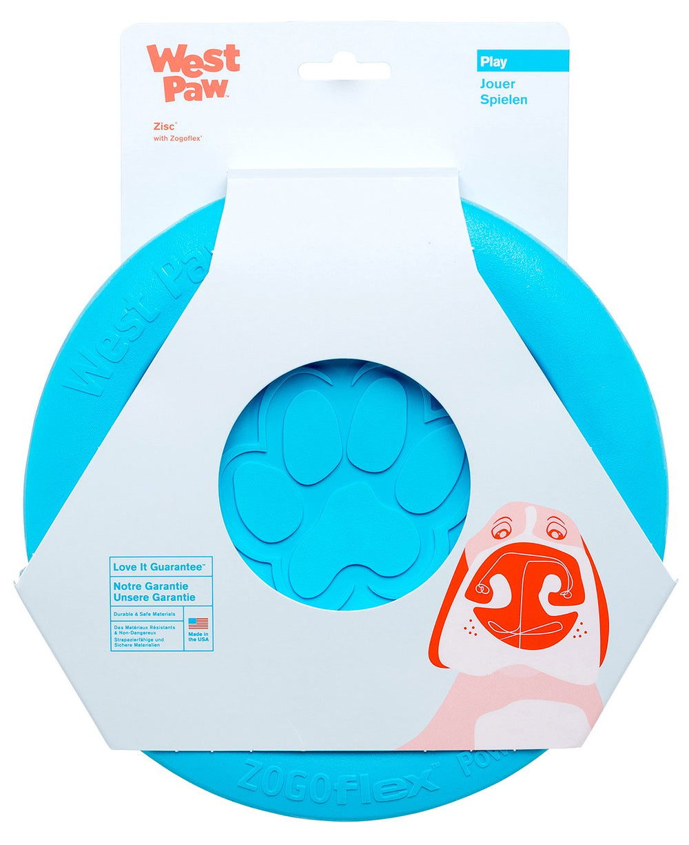 West Paw Zogoflex Zisc aqua blue disk in flight for dog fetch and training.