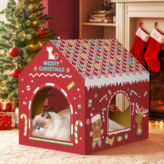 WESTERN HOME Cardboard Cat House with Santa pattern offers cozy indoor holiday fun.