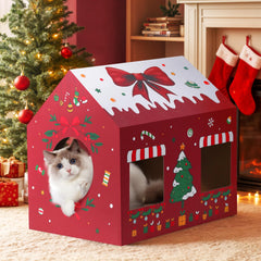 WESTERN HOME Christmas Cat House front view shows a cozy hideaway and festive décor.