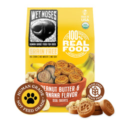 Wet Noses organic crunchy dog treats grain-free peanut butter banana close-up for a tasty, grain-free snack.