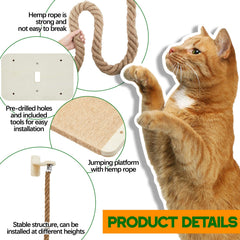 Weysat cat tree with jute rope ladder promotes scratching and play at height.
