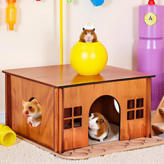 WHEARTED wooden guinea pig hideout side-view with side caves supports safe exploration.