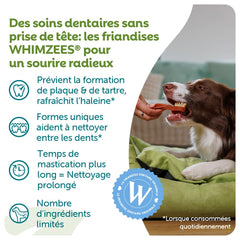 Whimzees chew-stick form helps reduce plaque in small dogs.