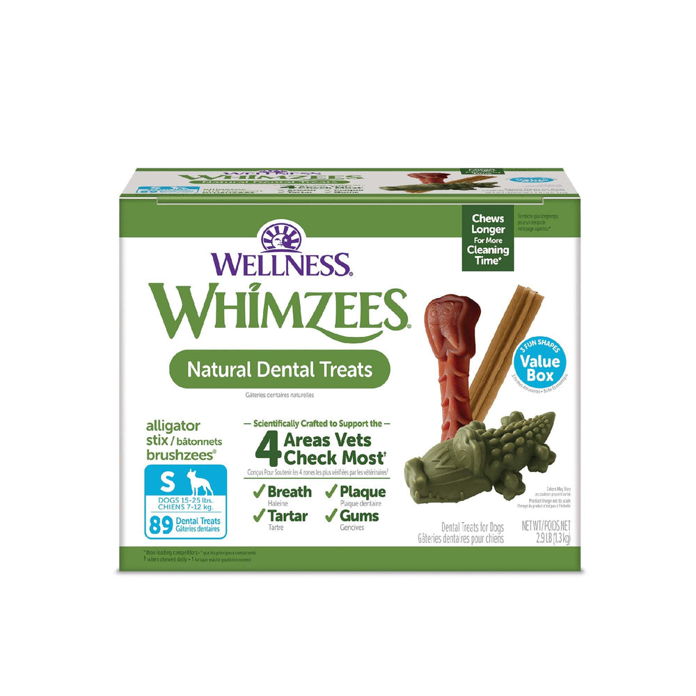 Whimzees Wellness Value Box packaging shows the 89-count box for daily dog dental care.