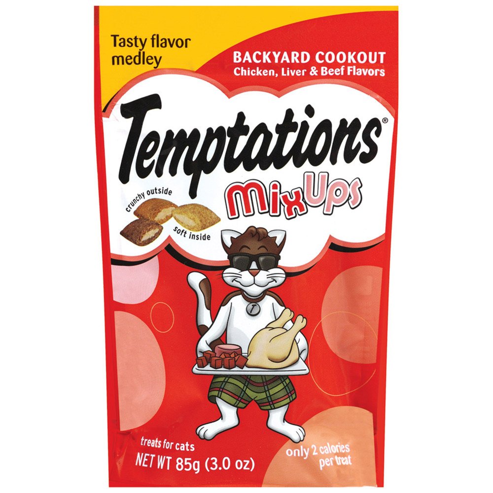 Whiskas Temptation Backyard Cookout packaging shows a 12-pack of 3 oz treats for rewards.
