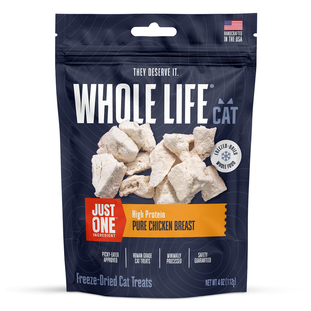 Whole Life Cat Just One Chicken Freeze-Dried Treats pack shot, ideal training rewards