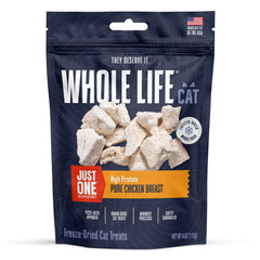 Whole Life Cat Just One Chicken Freeze-Dried Treats pack shot, ideal training rewards