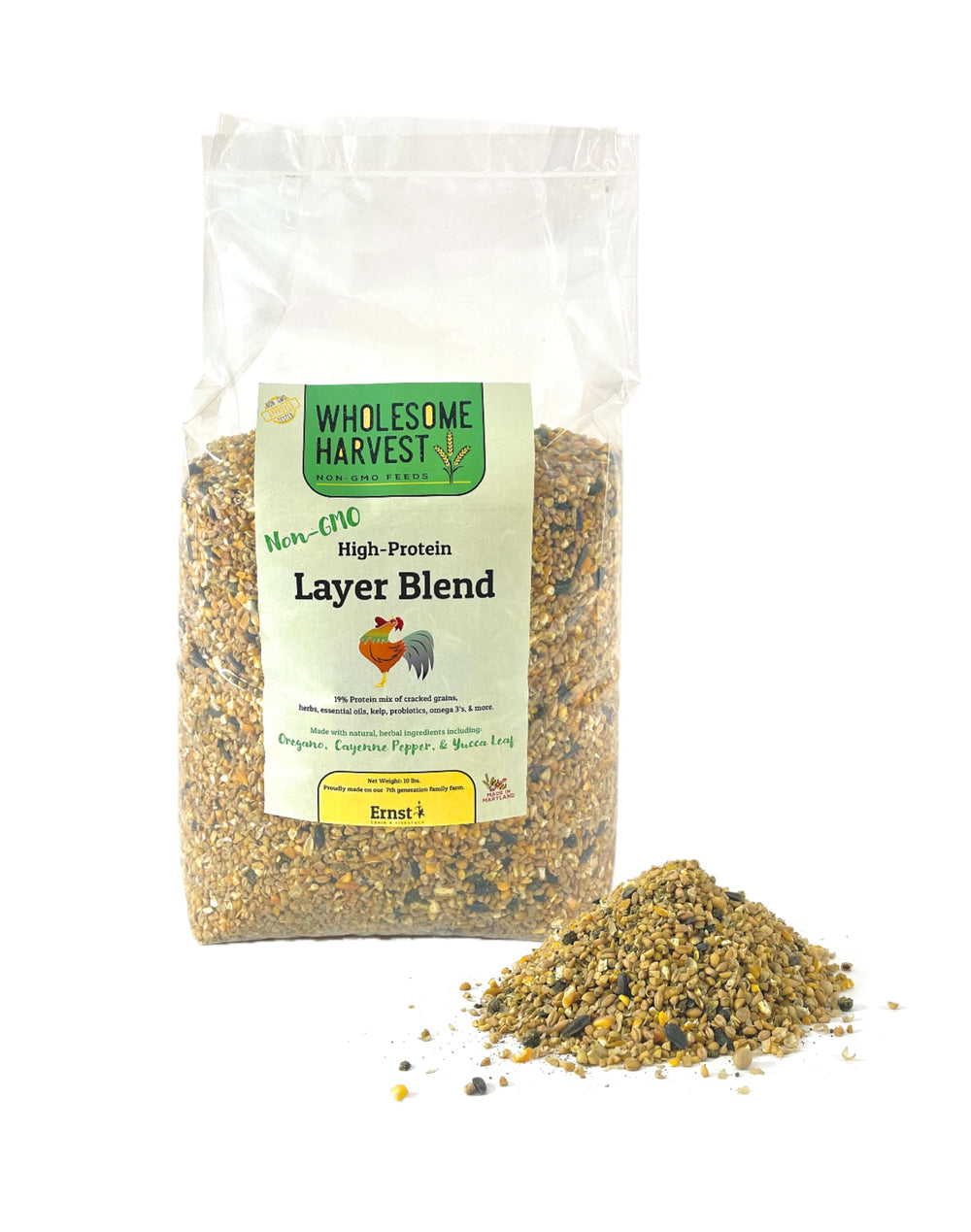 Wholesome Harvest non-GMO layer blend bag front shows ready-to-use poultry feed for steady laying