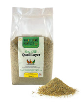 Wholesome Harvest quail layer feed bag front signals non-GMO premium nutrition for laying birds.