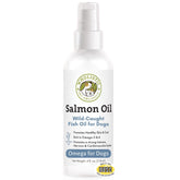 Wholistic Pet Organics aceite salmon, botella frontal, piel sana y pelaje brillante.