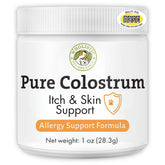 Wholistic Pet Organics bovine colostrum powder tub supports immune health and itching relief for dogs.