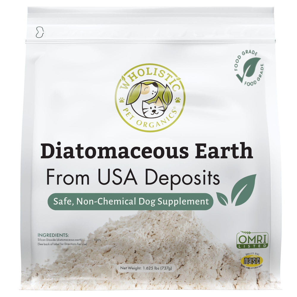 Wholistic Pet Organics Diatomaceous Earth 26oz bottle for safe, multi-use pet care.