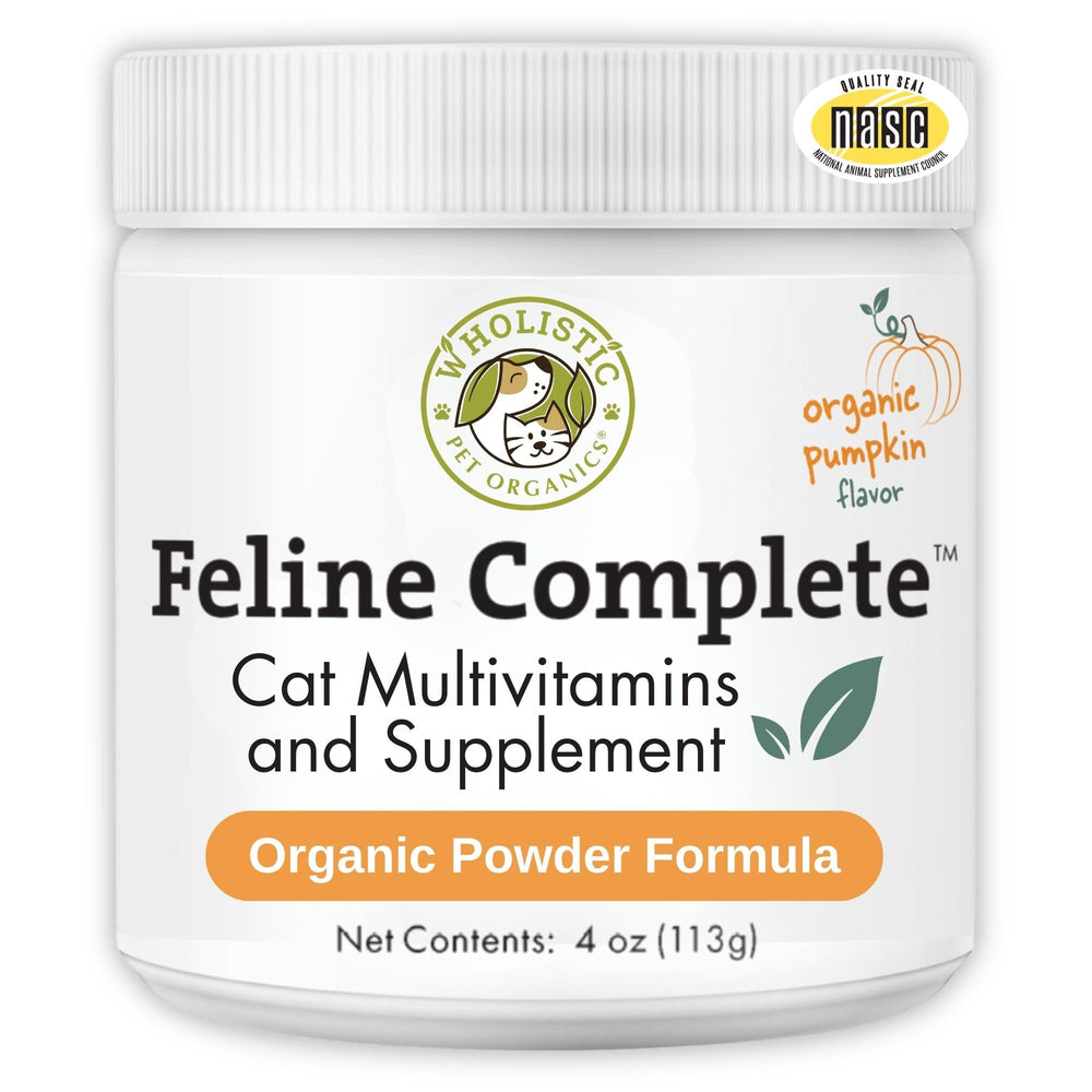 Wholistic Pet Organics Feline Complete Organic Pumpkin bottle closeup emphasizing digestive probiotic support.