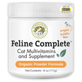 Wholistic Pet Organics Feline Complete Organic Pumpkin bottle closeup emphasizing digestive probiotic support.