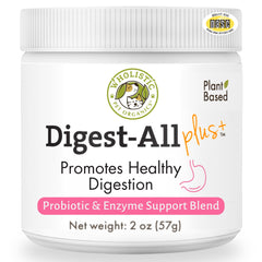 Wholistic Pet Organics probiotics for dogs powder tub showcasing texture for digestive support.