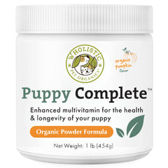 Wholistic Pet Organics Puppy Complete bottle closeup—easy daily puppy multivitamin