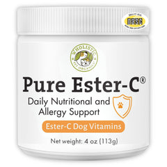 Wholistic Pet Organics Pure Ester-C powder for dogs in a bottle supports immune health.