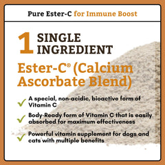 Wholistic Pet Organics Pure Ester-C powder mixed into meals supports skin and coat.