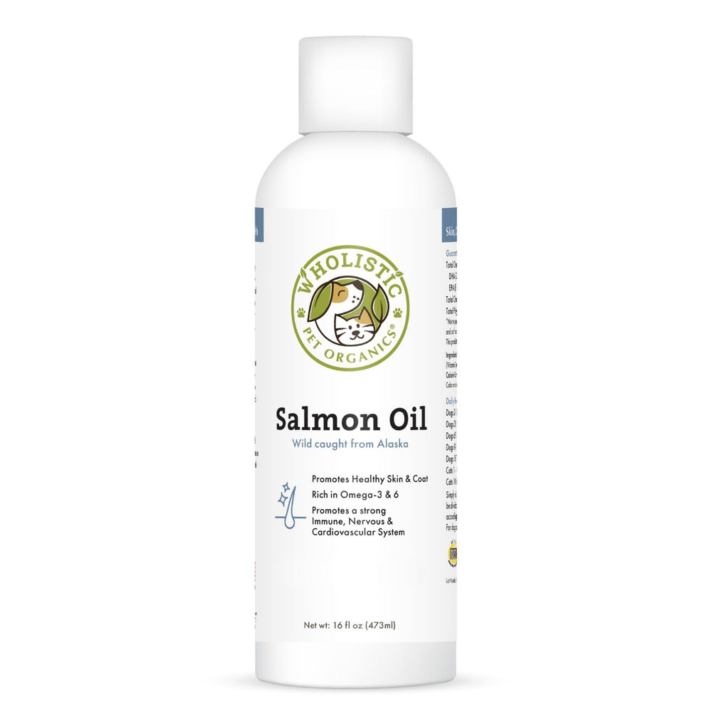 Wholistic Pet Organics Salmon Oil bottle top view for easy daily dosing.