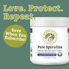 Scoop of Wholistic Pet Organics Spirulina for Dogs indicates easy daily topping