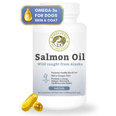 Wholistic Pet Organics Wild Alaskan Salmon Oil dog bottle highlights omega-3 for skin and coat