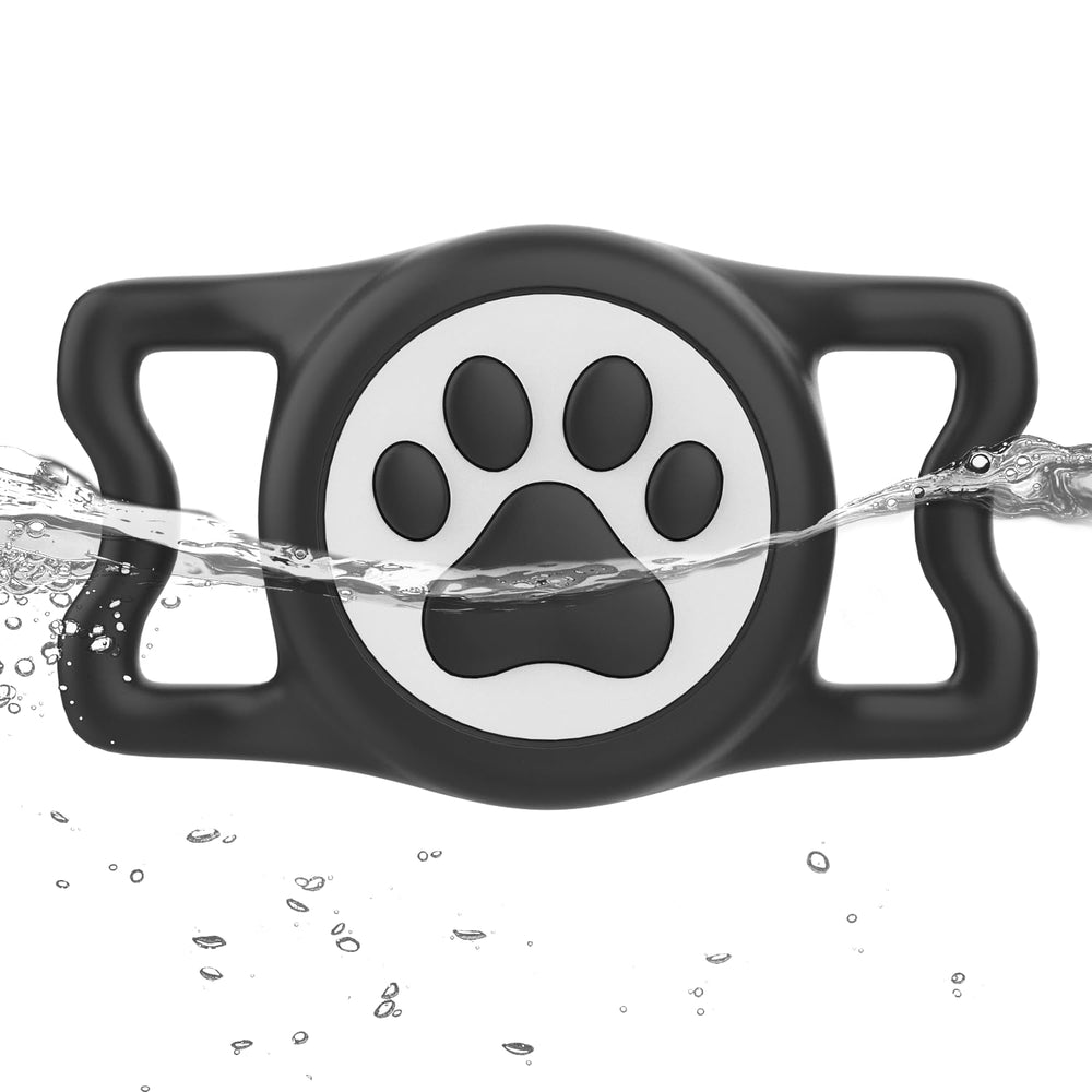 WhoseID full-cover AirTag holder on black front view offers 360° protection during active play.