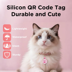 WhoseID QR Cat Tag Rose on collar view highlights secure, jingling-free tagging for pets.