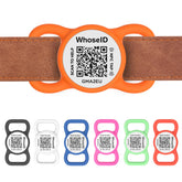 WhoseID QR code dog tag regular orange on collar enables quick ID access if a pet is lost.