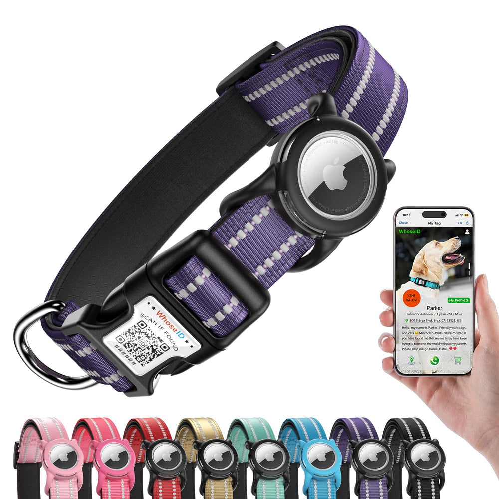 WhoseID dog collar with QR code buckle, quick access to pet details on search or recovery.