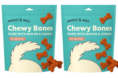 Wiggles & Wags Chewy Bones bacon-cheese pack closeup, ideal for quick training rewards.