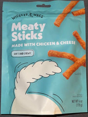 Wiggles & Wags soft chews chicken & cheese sticks front view—soft, meaty treats for large-breed dogs.