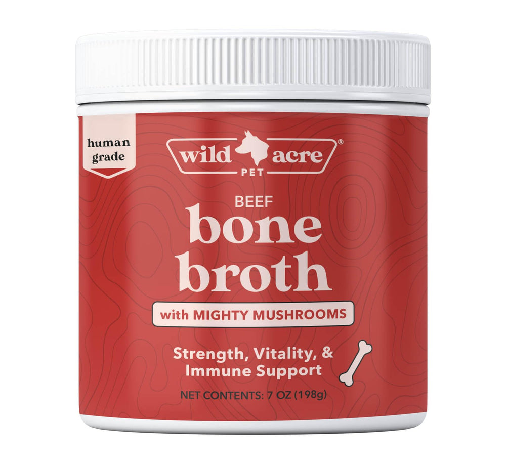 Wild Acre beef bone broth bottle highlighting joint support for dogs.
