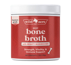 Wild Acre beef bone broth bottle highlighting joint support for dogs.