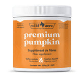 Wild Acre pumpkin powder packaging jar shows convenient fiber supplement for dogs.