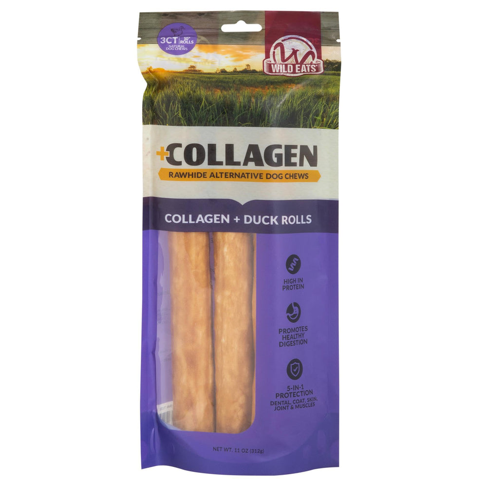 Wild Eats Collagen Chews duck-stick closeup, textured for digestion.